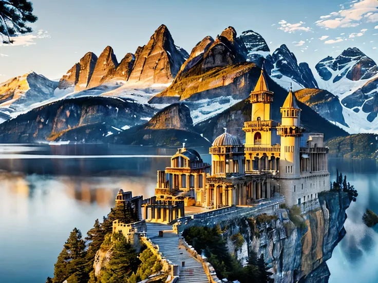 Nestled high in the mountains, this magnificent white mansion stands as a beacon of classical elegance amidst a dramatic landscape. Its pristine facade gleams against the rugged mountain slopes, a stark and beautiful contrast. It sits next a large lake. ((...