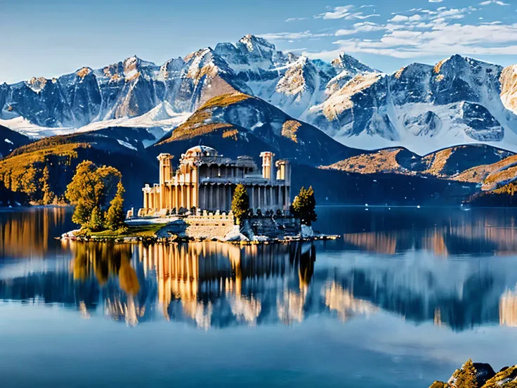 Nestled high in the mountains, this magnificent white mansion stands as a beacon of classical elegance amidst a dramatic landscape. Its pristine facade gleams against the rugged mountain slopes, a stark and beautiful contrast. It sits next a large lake. ((...