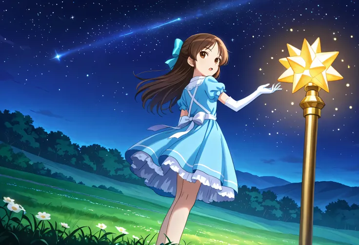 (score_9:0.9),score_8_up,score_7_up,negative_hand, realistic,tcbnars, long hair, brown hair, parted bangs ,hair bow , brown eyes, flat chest, alice dress, alice in wonderland dress, over elbow glove, 1girl, solo,  full body, whole body view, open mouth, hi...