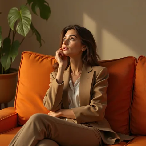 Smart casual woman on orange couch looking up thoughtfully.
