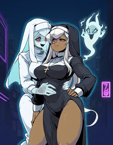 by 770mk , 1 woman , brown skin , white long hair, red eyes, hair cover one eye , mischievous face , nun costume , large breasts , leg slit dress , thighs , hand on hip , possessed by spirit, transparent body spirit male,body with blue aura, grab her waist...