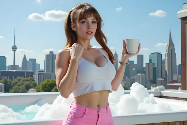 Side view face facing the camera, full body, She is 18 years old and slender with white skin and brown hair and brown eyes. Twin tail hair model and full bangs, natural make up, (big breast:1.5), with white crop top pink accents, pink short pan, soak in a ...