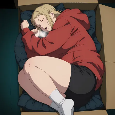 score_9, score_8_up, score_7_up, source_anime ,akane sawatari, sawatari akane, short hair, blonde hair, red eyes, mature female, medium breasts, anime screencap,hood, hoodie, red hoodie, hood down,black shorts,white socks, best quality,amazing quality, dar...