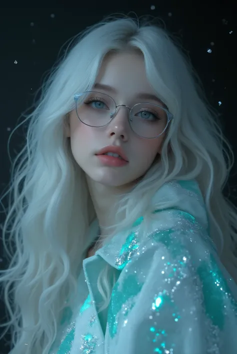 "High-quality photorealistic portrait-style logo artwork of a mysterious, elegant woman with long flowing snow-white hair, styled with subtle volume and loose waves, wearing thin-framed clear-lens glasses (not sunglasses). Her expression is calm and confid...