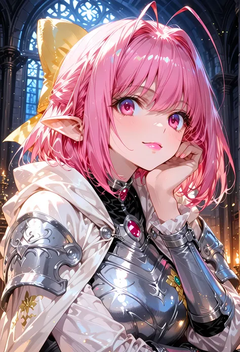 748cmstyle, detailedanimegirl, Bust Shot、Masterpiece、high resolution、high quality、32k、kanon nakagawa | nakagawa kanon、 hair bow、antenna hair 、(Elf Woman、Pink hair、short hair、Pink Eyes、Pink lip gloss、Shining silver, noble armor、Metal breastplate、Shoulder re...
