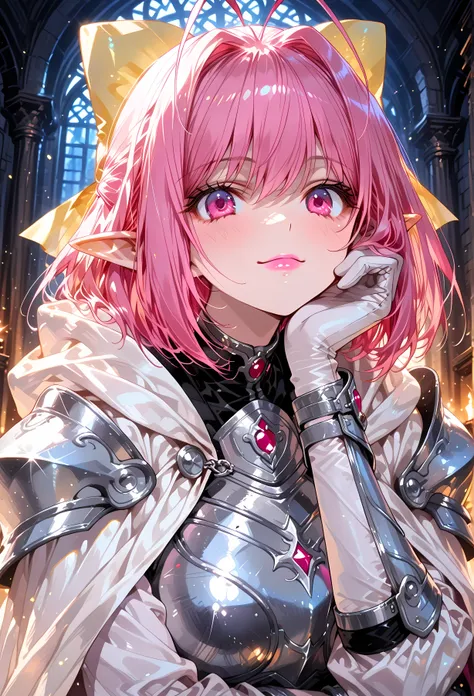 748cmstyle, detailedanimegirl, Bust Shot、Masterpiece、high resolution、high quality、32k、kanon nakagawa | nakagawa kanon、 hair bow、antenna hair 、(Elf Woman、Pink hair、short hair、Pink Eyes、Pink lip gloss、Shining silver, noble armor、Metal breastplate、Shoulder re...
