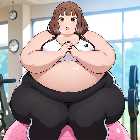 anime screencap, masterpiece, best quality,

1girl, solo, :o, 
low twintails, blunt bangs, long hair, brown hair, brown eyes, hair tie,
sportswear, white sports bra, high-waist pants, black leggings,
sitting on object, exercise ball, own hands together, be...