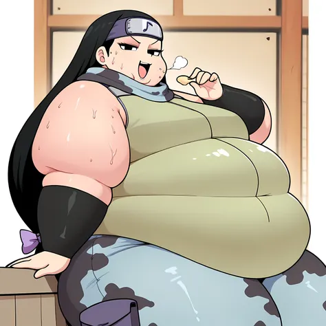 masterpiece, best quality, Tsch, 1girl, mature female, black hair, low-tied long hair, black eyes, purple bow, forehead protector, green vest, grey scarf, arm warmers, camouflage pants, camouflage skirt, looking at viewer, eating food, leaning backward, sm...