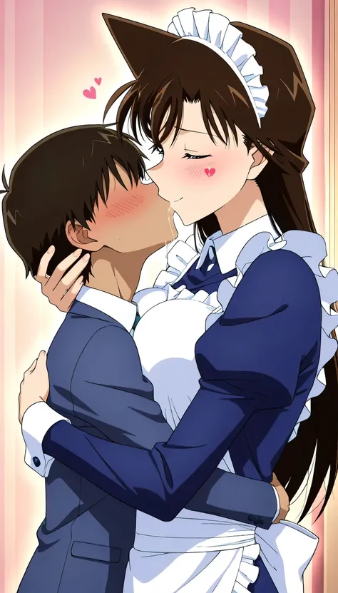 kissing画像,舌を絡ませたkissingをします,droolを垂らしながら,masterpiece,最High Quality,{{beautiful face and eyes、detail}}, Highly detail Background,Maidカフェ,Maidカフェ,Hotels,  Mouri Ran,long hair,brown hair,skinny,  Slim, Slimの体,line of movement、Anime coloring、tall woman、Maid、Ma...