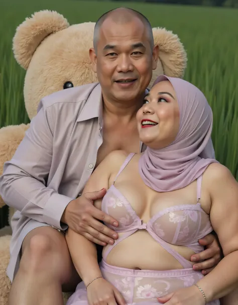 2 people, Visible female panties, Front posing, ("Facial expression in Happy big Orgasm"), KEDUA BELAH TANGAN DILETAK DIBELAKANG PUNGGUNG, Wearing flora print hijab,  (Photorealistic:1.6) ((Indonesian hijab)),     background rice paddy    . Daytime atmosph...