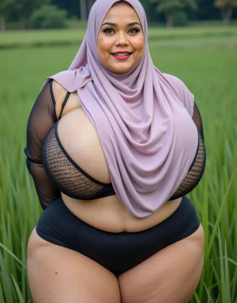 SSBBW front posing, "Facial expression Mouth Big Blowjob", Both hands lying behind the back, Wearing net hijab,  (photorealistic:1.6) ((Indonesian hijab)), background rice paddy. daytime atmosphere, (((please don't showing any finger!!!))),  hands behind b...