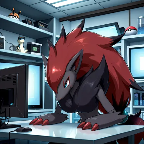 masterpiece, best quality, amazing quality, l4b, indoors, table, shelf, monitor, science, 1girl, solo, Zoroark, pokemon, dark grey skin, Light Blue Eyes, long hair, Ponytail, Red Hair With Black Tips, feral,
