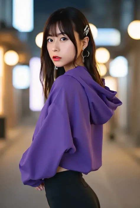 A slim,a full body photo of a extremely beautiful In0r1 with dark eyes, red lipstick, wearing black yoga pants, sticking out her butt,hands on waist,purple hoodie, with her toned abdomen and thighs, thin waist, slim body. She stands in front of a japanese...