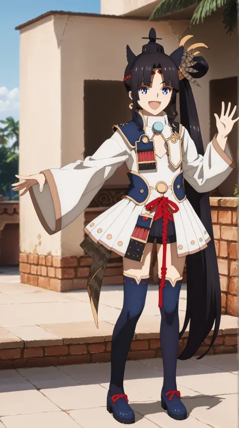 1girl, black hair, very long hair, blue eyes, hair bun, side ponytail, circlet, hair ornament, head wings, feathers, cut out suit, cute clothes with a bit sexy touch, high thigh stocking, high collar, red and white clothes, Head-Mounted Display, outdoors, ...