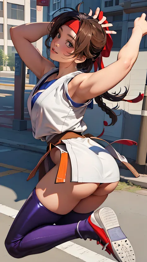 (masterpiece, Highest Quality, High Definition , 8K Wallpaper, Highly Detailed CG:1), High Definition headband, ,shiny thighhighsocs, butt under pants,rear view、big butt、 sexy、、 (grin:1.5),Big breasts ,(shiny skin:1.5),Karate,Shoes.aura attack,