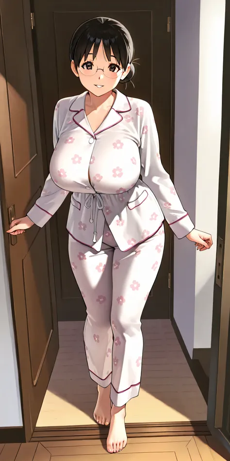 Masterpiece, newest, vibrant, very aesthetic, high contrast, mature woman, tamako nobi\(doraemon\), bun hair, glasses, tall, big breast, white pajamas with floral motif, full body, parted lips, smile, Barefoot,front of the door, best quality, semrealistic...