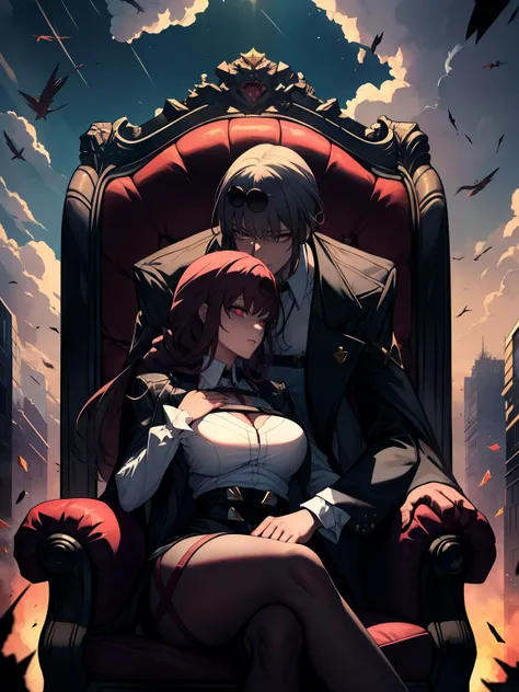 a massive, throne-like presidential chair, a white-haired young handsome man lounges with a calm, commanding presence. His sharp eyes reflect power and mystery. Flanking him on both sides are two stunning, hentai women with huge , wearing tight, skin-huggi...