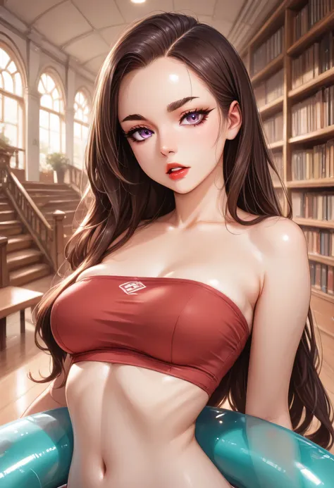 Perfect Face, Perfect Body, Brown Hair, Long Hair, (Forehead), Brown Thin Eyebrows, Purple Eyes, Black Small Eyelashes, Black Eyeliners, Nose, Red Lips, Parted Lips, Beautiful Girl, Medium Breasts, Perfect Breasts, (Wearing A Tube Top, Black Wearing A Tube...