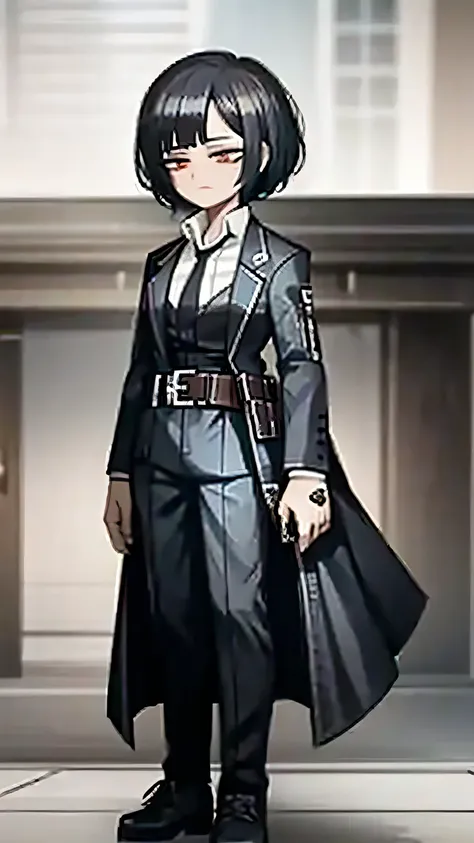 is occupied by one woman,speaker,whole body,They are standing,mysterious,concept art,Character design,straight black hair, The bangs are trimmed ,  waist ..,short hair,well-built face,sharp eyes,simple black suit,white shirt and black tie, white shirt and ...