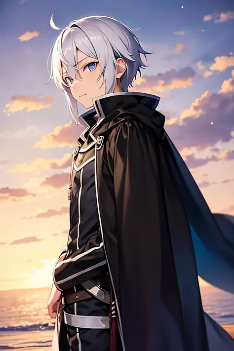 sword art online, boy, white hair, blue eyes, dark cape, dark hood