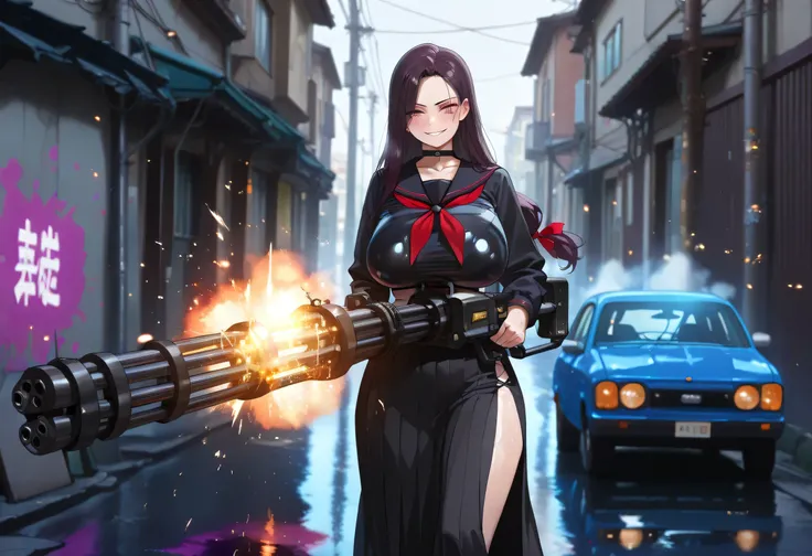gatling gun , firing , casing ejection , destruction , embers , explosion , smoke , holding ranged weapon, Arrogant expression, tyrannical smile, blush, drunken eyes, ((best quality)), ((masterpiece)), high resolution, sharp focus, (ultra detailed, highly ...