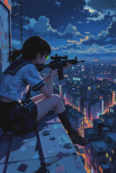 overhead view, acrylic painting style, rooftop at midnight, a Japanese high school girl sniper in navy and white sailor uniform lying prone near the edge, aiming her rifle into the distance, wearing night vision goggles glowing faint green, loose pigtails ...