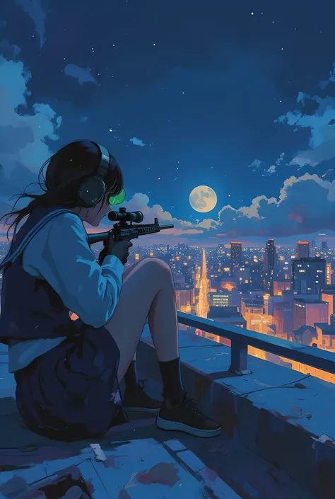 first-person sniper POV, acrylic painting style, nighttime rooftop scene overlooking a quiet city skyline, a Japanese high school girl sniper in a navy and white sailor uniform lying prone, viewed from behind her scoped rifle, wearing glowing green night v...
