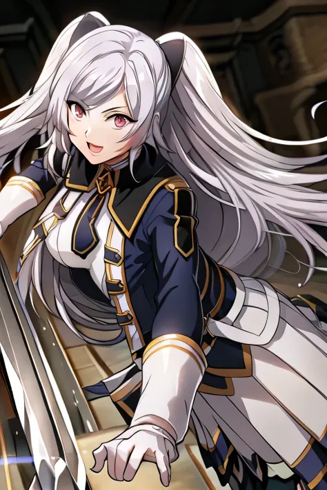 Can you draw a figure with a sword?，Statue，draw a lovely woman smiling， Military uniform ，silver hair,mecha-like twin tails, ,   Big breasts, thin waist ， more delicately，Please describe your hands and feet accurately，Building Interior,   ，Faces are very i...