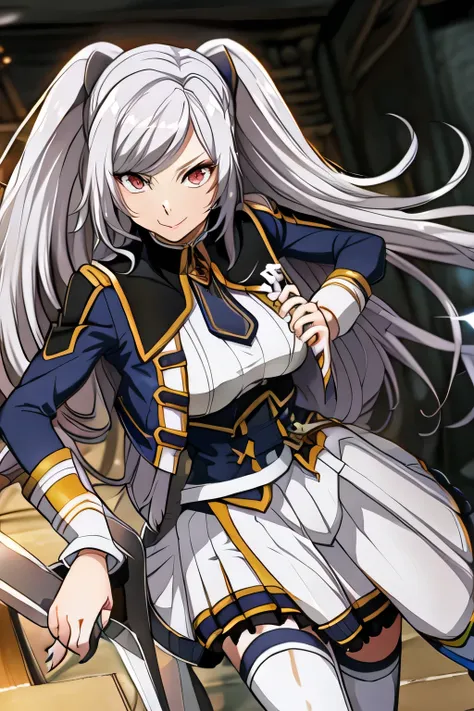 Can you draw a figure with a sword?，Statue，draw a lovely woman smiling， Military uniform ，silver hair,mecha-like twin tails, ,   Big breasts, thin waist ， more delicately，Please describe your hands and feet accurately，Building Interior,   ，Faces are very i...
