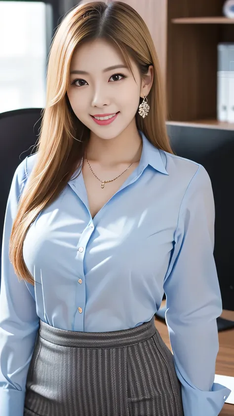 upper body closeup photo　Beautiful Korean woman wearing a miniskirt、((( blonde blonde hair )))　is posing in front of a computer,(((office wear))), is wearing a blouse,  earrings　thin necklace, (((big 　Sensual Body)))　(((OL business clothes))), Fascinating ...