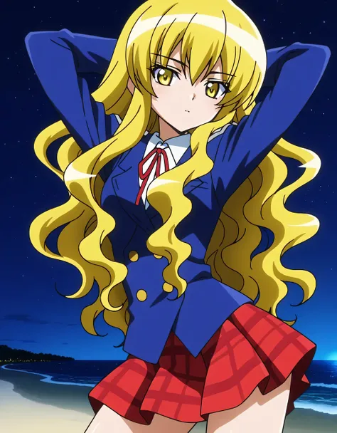 ARCkuchinashi, blonde hair, long hair, wavy hair, hair over breasts, yellow eyes, red neck ribbon, school uniform, blue jacket, white collared shirt, red plaid skirt, anime screencap, high quality, closed mouth, solo, cowboy shot, night sky, beach, hands b...