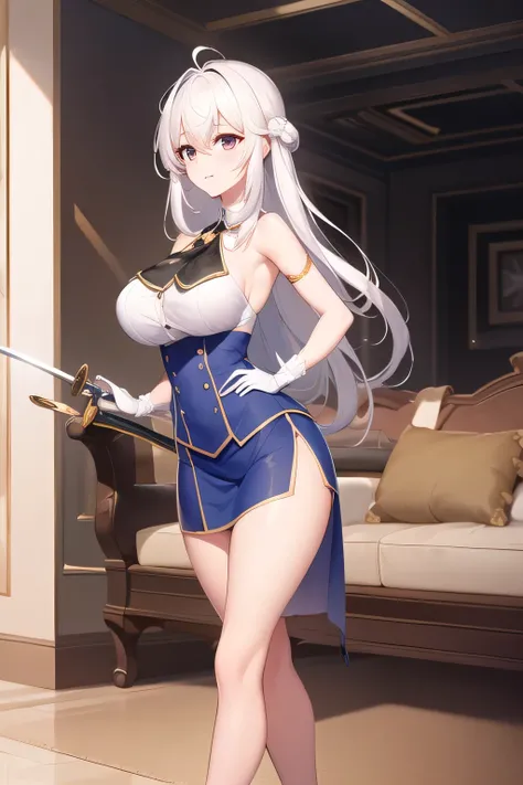  Can you draw a figure holding a sword?，Inside the building，，big ，face is absolutely necessary，please express the hands and legs accurately，Can you draw a blue miniskirt，white sleeveless blouse，，Big breastsでもウエストが細い，, ,   Big breasts, thin waist ， ,   ，Fac...