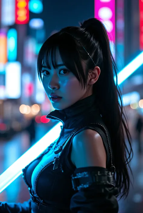 A striking portrait of a cyberpunk fugitive ninja with black ponytail, calm yet vigilant. She stands amid neon-lit skyscrapers at night, city lights reflected in her holographic gear. Her energy blade glows subtly, casting electric blue on her face. Cinema...