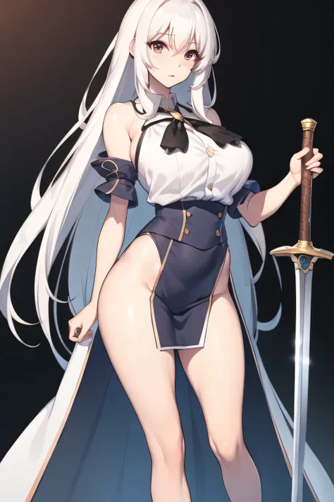 Can you draw a figure holding a sword?，，big ，big でもウエストが細い，Silver Hair Long Hair，face is absolutely necessary，please express the hands and legs accurately，Alone， ,   Big breasts, thin waist ， ,   ，Full color CG，