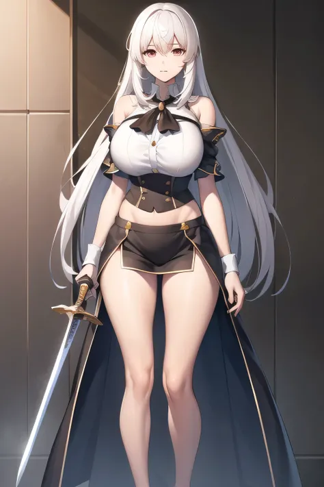Can you draw a figure holding a sword?，，big ，big でもウエストが細い，Silver Hair Long Hair，face is absolutely necessary，please express the hands and legs accurately，Alone， ,   Big breasts, thin waist ， ,   ，Full color CG，