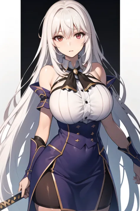 's face, which is big but has a thin waist, more delicately，Can you draw a figure with a sword?，，big ，big でもウエストが細い，Silver long hair，face is absolutely necessary，Please describe your hands and feet accurately，Alone， ,   Big breasts, thin waist ， ,   ，Full ...