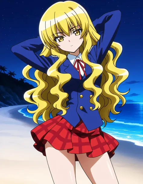 ARCkuchinashi, blonde hair, long hair, wavy hair, hair over breasts, yellow eyes, red neck ribbon, school uniform, blue jacket, white collared shirt, red plaid skirt, anime screencap, high quality, closed mouth, solo, cowboy shot, night sky, beach, hands b...