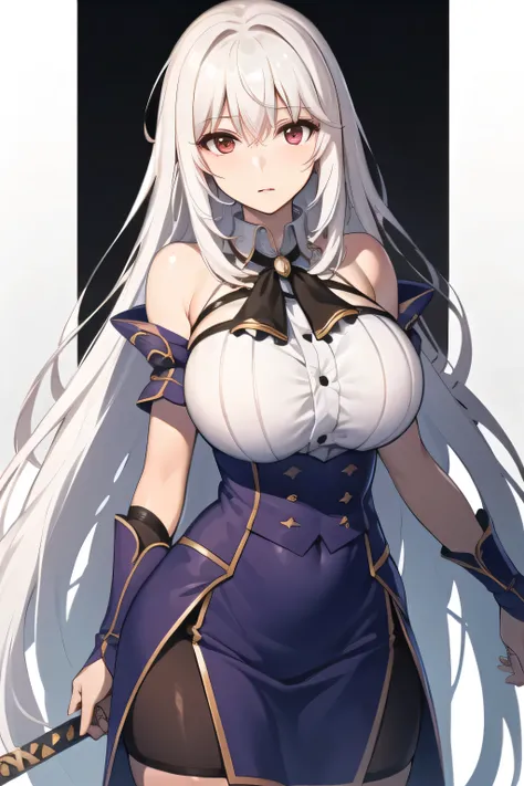 's face, which is big but has a thin waist, more delicately，Can you draw a figure with a sword?，，big ，big でもウエストが細い，Silver long hair，face is absolutely necessary，Please describe your hands and feet accurately，Alone， ,   Big breasts, thin waist ， ,   ，Full ...