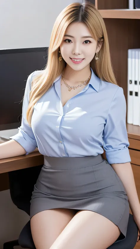 Beautiful Korean woman wearing a miniskirt、((( blonde blonde hair)))　Sitting in a chair and posing in front of a computer,(((office wear))), is wearing a blouse,  earrings　thin necklace, (((big 　Sensual Body)))　(((OL business clothes))), Fascinating and ch...