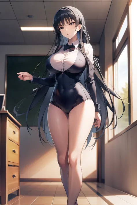 ライフルを構えて戦うfigureを描けますか，figure，Inside the building，   black hair long hair，Please draw the facial expression more delicately，, ,   Big breasts, thin waist ， ,   ，face is absolutely necessary，please express the hands and legs accurately，Inside the school bui...