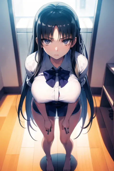 Can you draw a figure holding a gun，ライフルを構えて戦うfigureを描けますか，figure，Building Interior，   with long black hair，please draw a more delicate expression，, ,   Big breasts, thin waist ， ,   ，face is absolutely necessary，Please describe your hands and feet accurat...