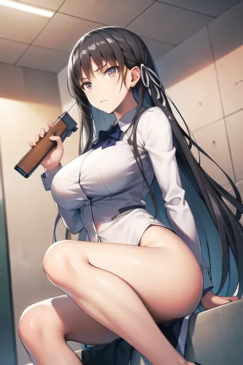 Can you draw a figure holding a gun in person,Can you draw a figure holding a gun，ライフルを構えて戦うfigureを描けますか，figure，Inside the building，   Have long black hair，please draw a more delicate expression，, ,   Big breasts, thin waist ， ,   ，face is absolutely neces...