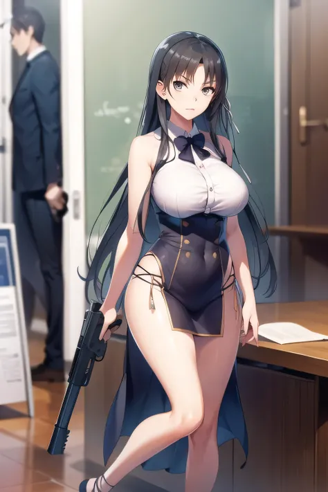 Can you draw a figure holding a gun in person,Can you draw a figure holding a gun，ライフルを構えて戦うfigureを描けますか，figure，Inside the building，   Have long black hair，please draw a more delicate expression，, ,   Big breasts, thin waist ， ,   ，face is absolutely neces...