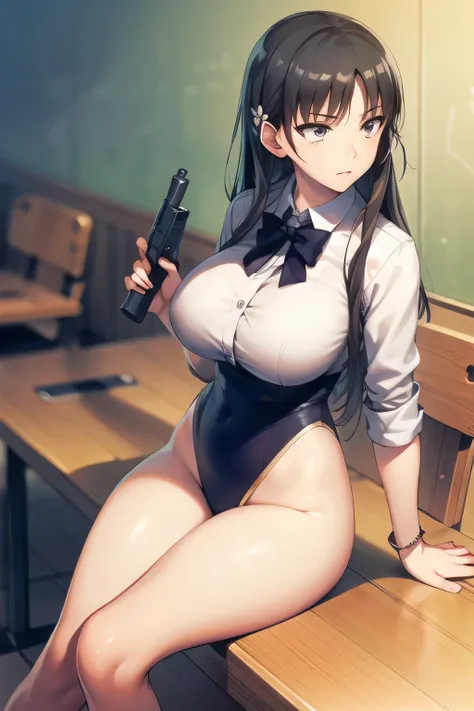 Please draw a figure holding a gun even more delicately，Fighting，Can you draw a figure holding a gun in person,Can you draw a figure holding a gun，ライフルを構えて戦うfigureを描けますか，figure，Building Interior，   I have long dark hair，please draw a more delicate expressi...