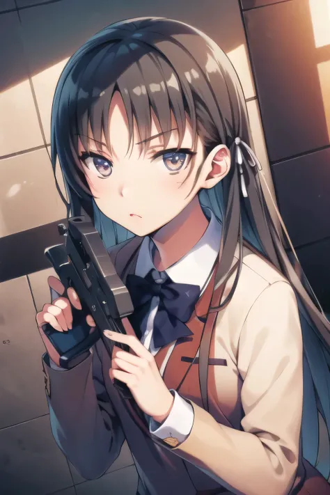's face, which is big but has a 細い腰, もっと繊細に ，Can you draw a 図 holding a gun in person,Can you draw a 図 holding a gun，ライフルを構えて戦う図を描けますか，図，建物内部，   私は長い黒髪です，もっと繊細な表情を描いてください，, ,   大きな胸, 細い腰 ， ,   ，顔は絶対に必要です，彼女の手と足を正確に描写してください，校舎内，