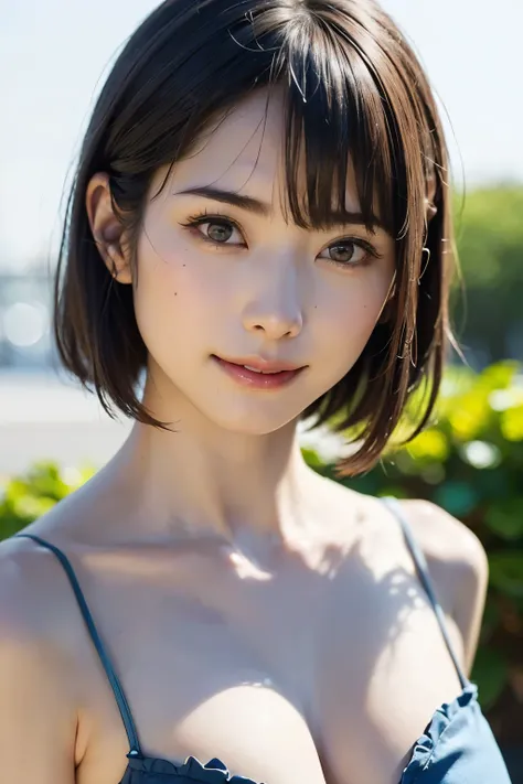 (Supreme Masterpiece、 top quality、super high resolution、 face focus focus 、Focus on the side、Pay attention to the belly button、neckline、Very attractive beauty、add strong highlights to the eyes、look closely at the camera:1.4、Really beautiful bangs:1.short...
