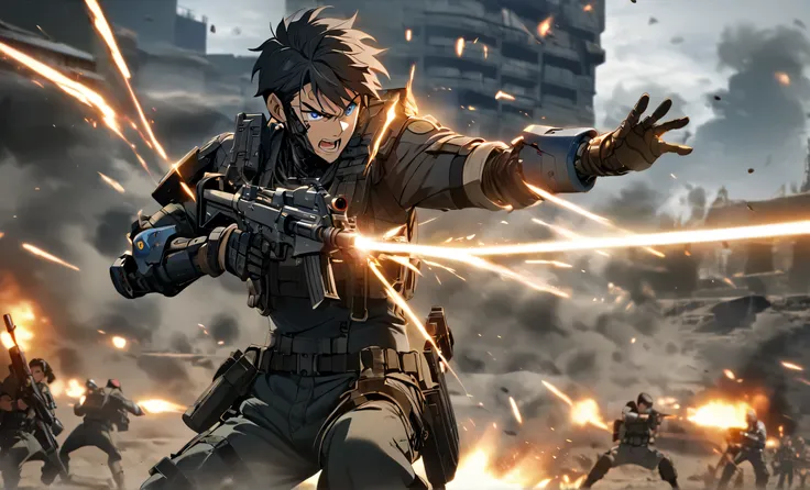 1boy, male, cute boy, Black short hair, Blue eyes, Ekkarit Masiha, a solder doing military fight, fight shoot effect, background in battlefield, gun, Super Blue, mechanical arm, cyborg, Armor Black, Core Blue, Anime, Fight shoot effect, while his rifle loc...