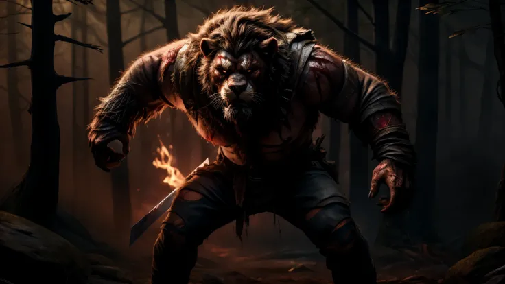 realistic photo scene 8k UHD ((ultra detailed masterpiece)), young handsome man, anthro lion, short dark-brown hair, beard, wearing a torn outdoor gear, blood, gore, cuts across chest, extremely hairy, covered in blood, bloody, hairy chest, intense gaze, s...