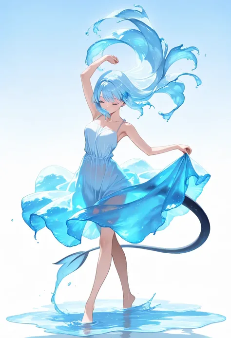 (masterpiece, best quality, high quality, highres, ultra-detailed), 1girl,solo,light_blue_hair,liquid hair, long hair,floating hair, full body, standing,sundress, liquid clothes,water dress, best quality, 8k, detailed skin texture, beautiful detailed face,...