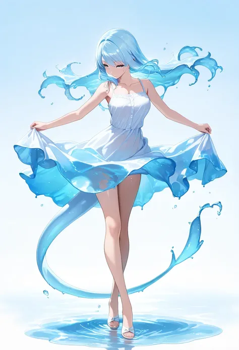 (masterpiece, best quality, high quality, highres, ultra-detailed), 1girl,solo,light_blue_hair,liquid hair, long hair,floating hair, full body, standing,sundress, liquid clothes,water dress, best quality, 8k, detailed skin texture, beautiful detailed face,...